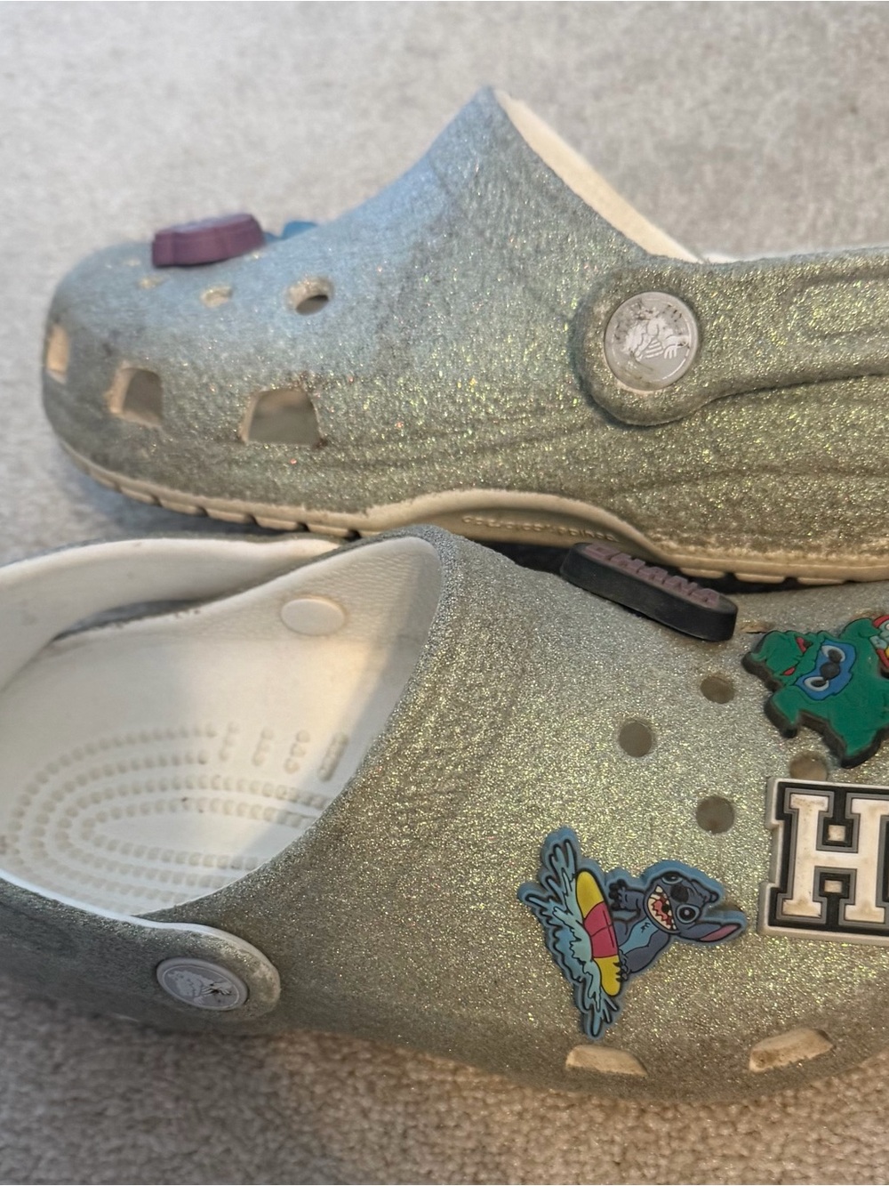 CROCS Kids Glitter Clogs with Stitch and Letter Jibbitz - Silver Green